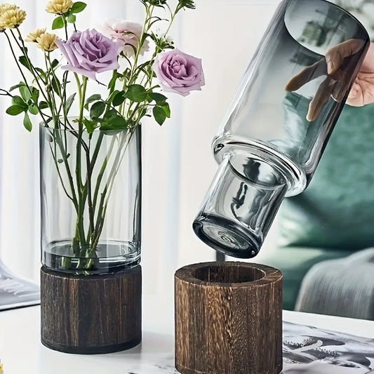 Elegant Glass Vase with Wooden Base